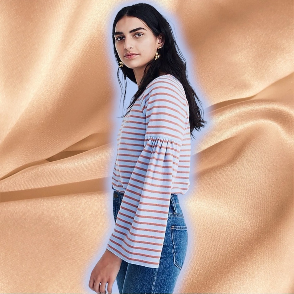 Madewell ‘Shirred-Sleeve Sailor Top’ in “Fragile Periwinkle” Stripe Size XS